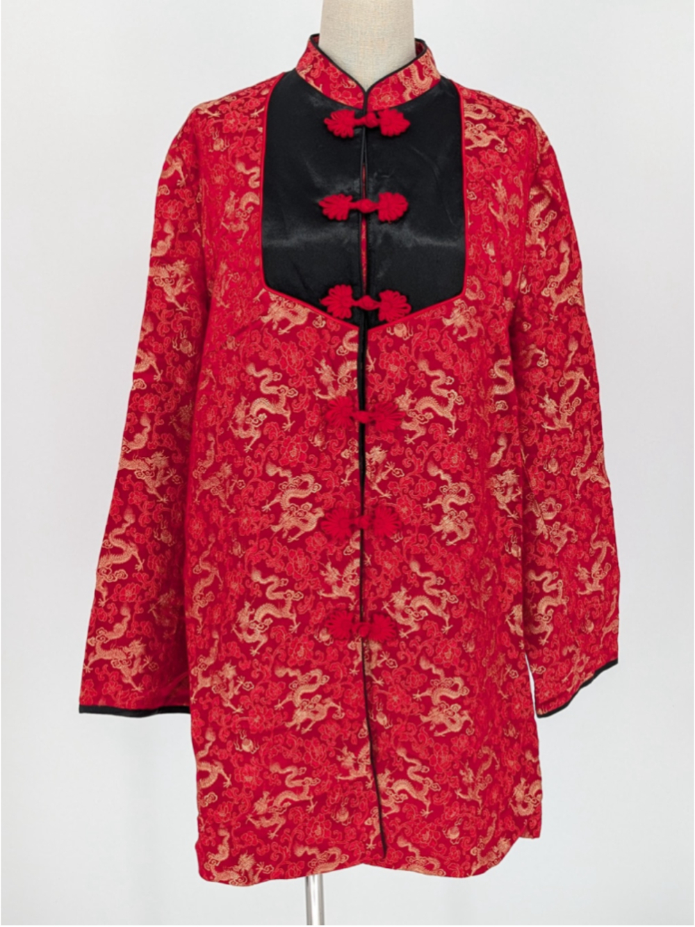 VTG 90s Grace Dragon Brocade Jacket Red Gold Mandarin Frog Closure Glamoratti
